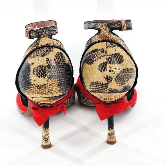 ALAIA Snake Print Leather Ankle Strap Heels With Red Bows - Picture 6 of 13